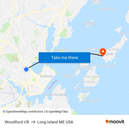 Woodford I/B to Long Island ME USA map