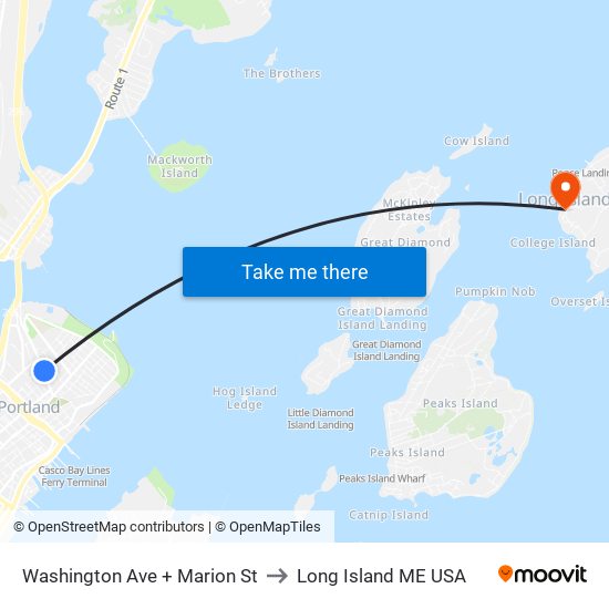 Washington Ave + Marion St to Long Island ME USA map