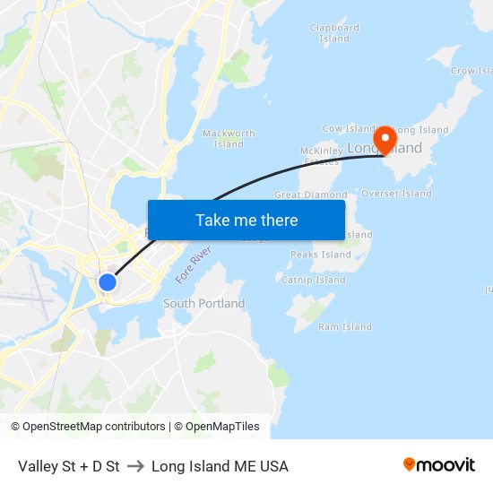 Valley St + D St to Long Island ME USA map