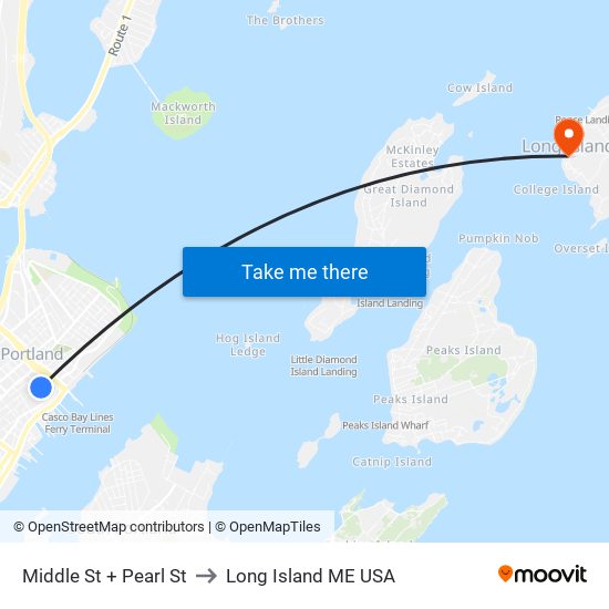 Middle St + Pearl St to Long Island ME USA map