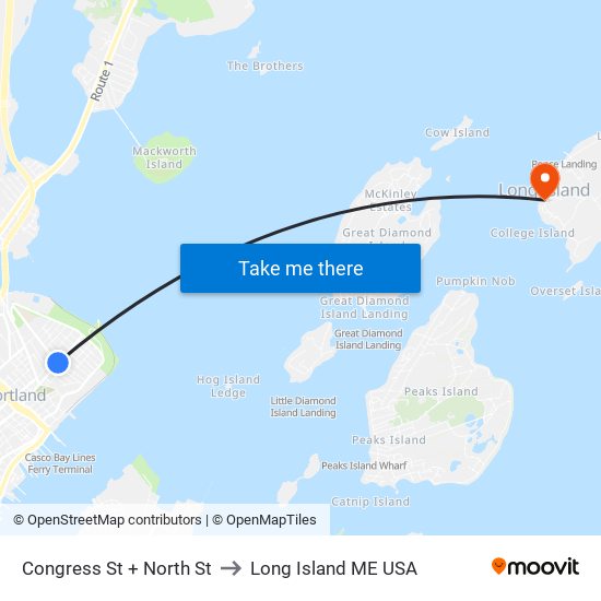 Congress St + North St to Long Island ME USA map