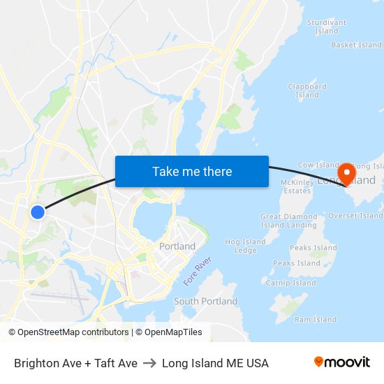 Brighton Ave + Taft Ave to Long Island ME USA map