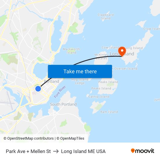 Park Ave + Mellen St to Long Island ME USA map