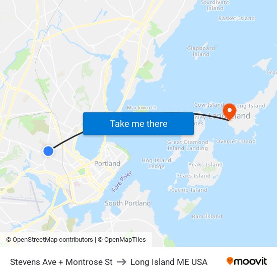 Stevens Ave + Montrose St to Long Island ME USA map