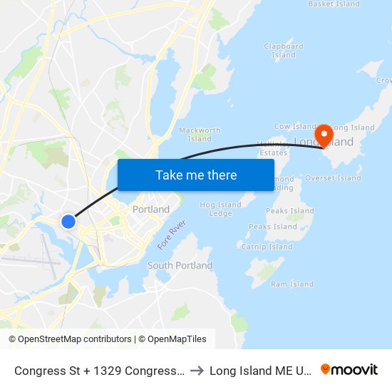 Congress St + 1329 Congress St to Long Island ME USA map