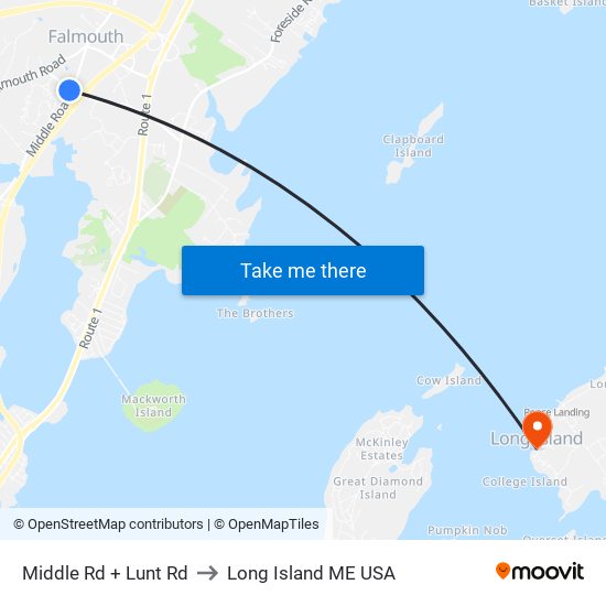 Middle Rd + Lunt Rd to Long Island ME USA map