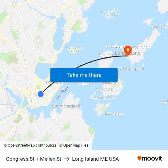 Congress St + Mellen St to Long Island ME USA map