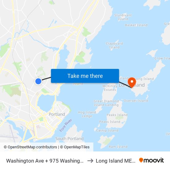 Washington Ave + 975 Washington Ave to Long Island ME USA map