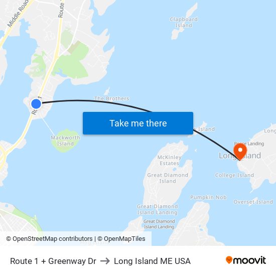 Route 1 + Greenway Dr to Long Island ME USA map