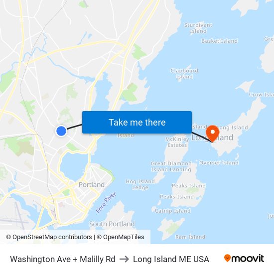 Washington Ave + Malilly Rd to Long Island ME USA map