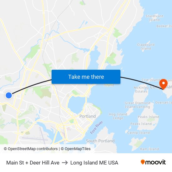 Main St + Deer Hill Ave to Long Island ME USA map