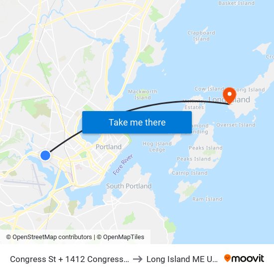 Congress St + 1412 Congress St to Long Island ME USA map