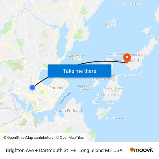 Brighton Ave + Dartmouth St to Long Island ME USA map