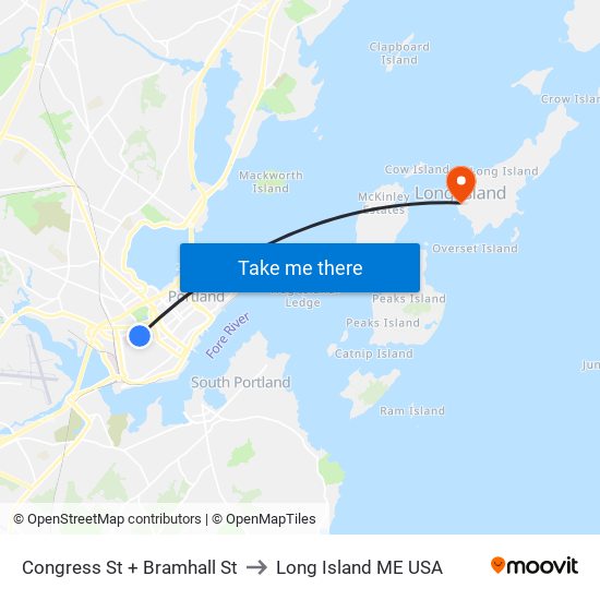 Congress St + Bramhall St to Long Island ME USA map