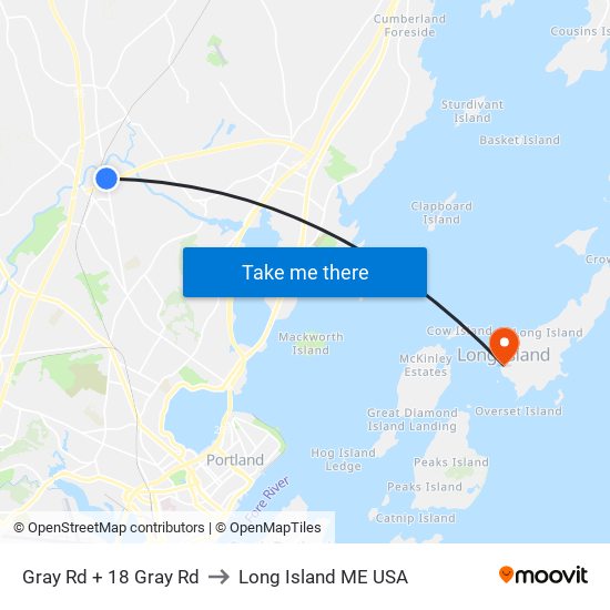 Gray Rd + 18 Gray Rd to Long Island ME USA map