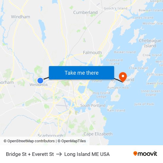 Bridge St + Everett St to Long Island ME USA map