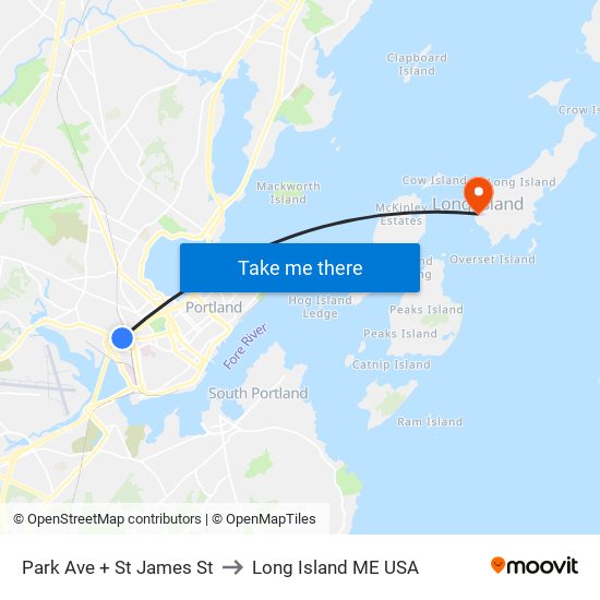 Park Ave + St James St to Long Island ME USA map