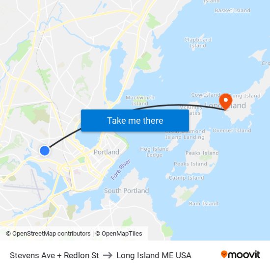 Stevens Ave + Redlon St to Long Island ME USA map