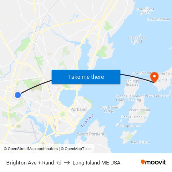 Brighton Ave + Rand Rd to Long Island ME USA map