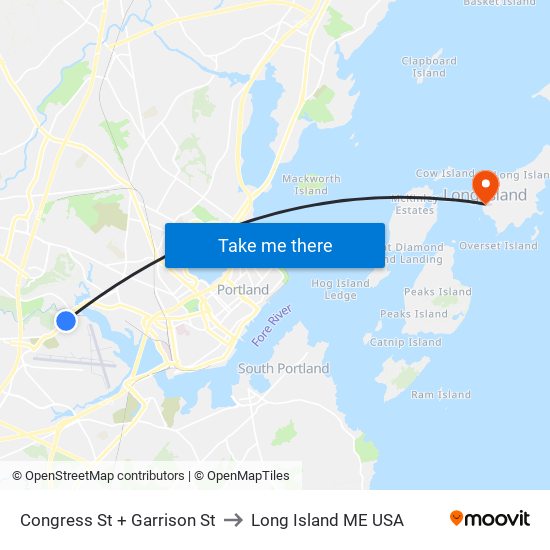 Congress St + Garrison St to Long Island ME USA map