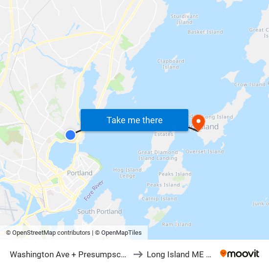 Washington Ave + Presumpscot St to Long Island ME USA map