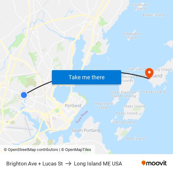 Brighton Ave + Lucas St to Long Island ME USA map