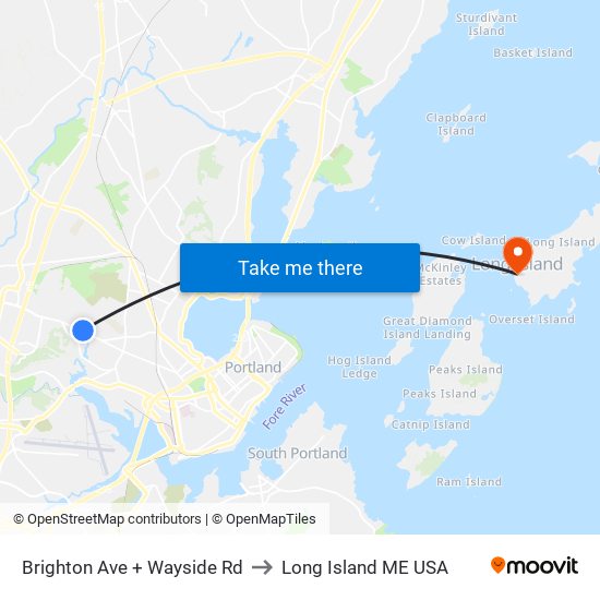 Brighton Ave + Wayside Rd to Long Island ME USA map