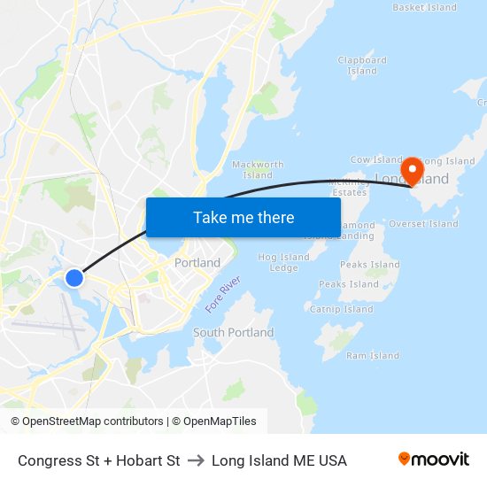 Congress St + Hobart St to Long Island ME USA map