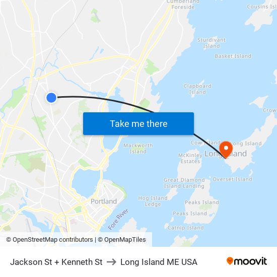 Jackson St + Kenneth St to Long Island ME USA map