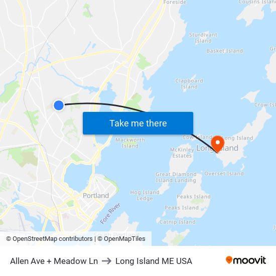 Allen Ave + Meadow Ln to Long Island ME USA map