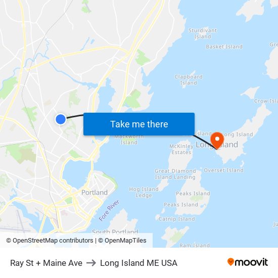 Ray St + Maine Ave to Long Island ME USA map