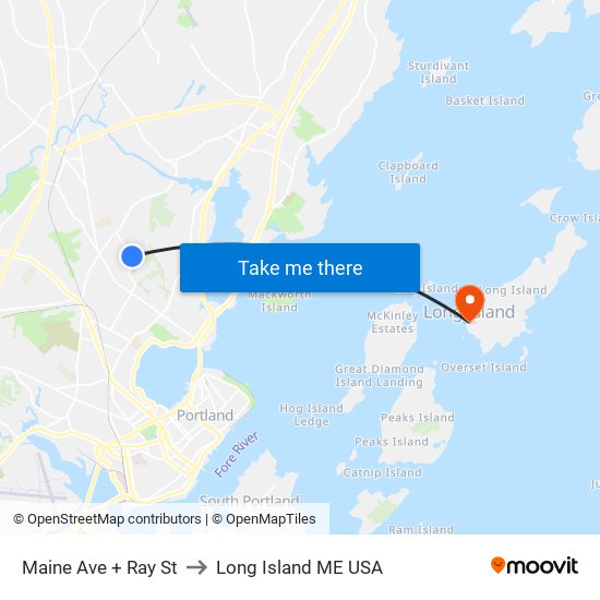 Maine Ave + Ray St to Long Island ME USA map