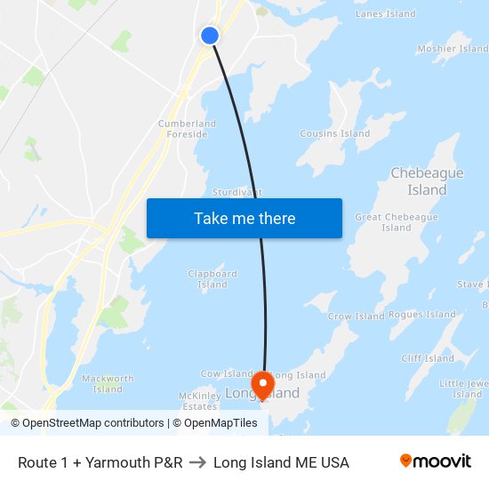 Route 1 + Yarmouth P&R to Long Island ME USA map