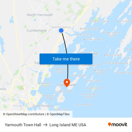 Yarmouth Town Hall to Long Island ME USA map