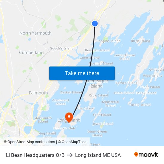 Ll Bean Headquarters O/B to Long Island ME USA map