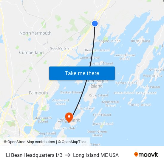 Ll Bean Headquarters I/B to Long Island ME USA map