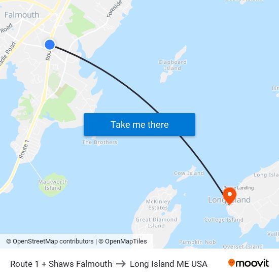 Route 1 + Shaws Falmouth to Long Island ME USA map