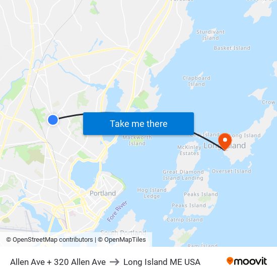 Allen Ave + 320 Allen Ave to Long Island ME USA map