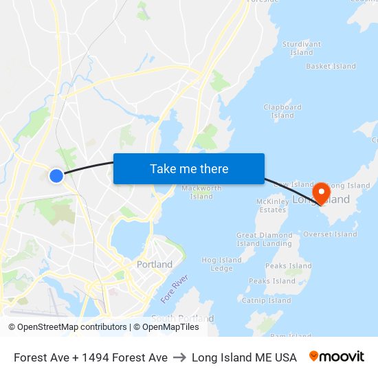 Forest Ave + 1494 Forest Ave to Long Island ME USA map