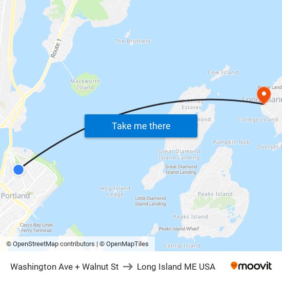 Washington Ave + Walnut St to Long Island ME USA map