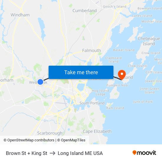Brown St + King St to Long Island ME USA map
