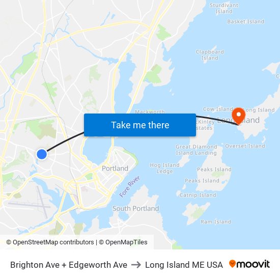 Brighton Ave + Edgeworth Ave to Long Island ME USA map