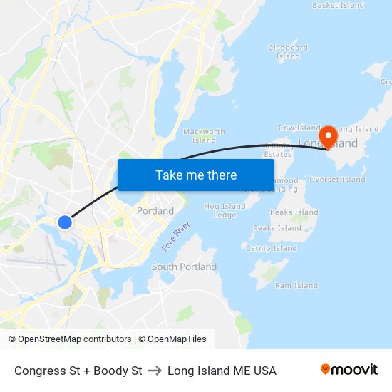 Congress St + Boody St to Long Island ME USA map