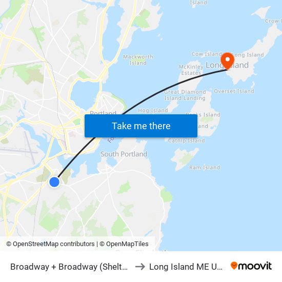Broadway + Broadway (Shelter) to Long Island ME USA map