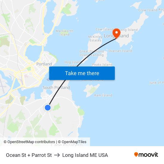 Ocean St + Parrot St to Long Island ME USA map