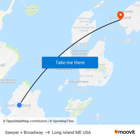 Sawyer + Broadway to Long Island ME USA map