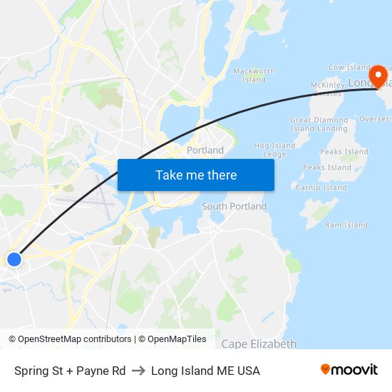 Spring St + Payne Rd to Long Island ME USA map