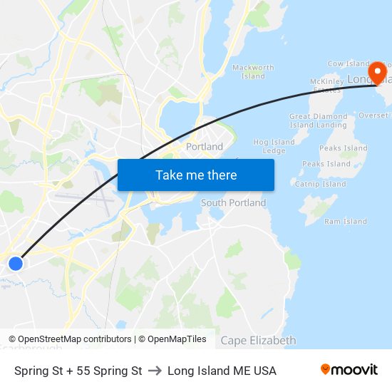 Spring St + 55 Spring St to Long Island ME USA map