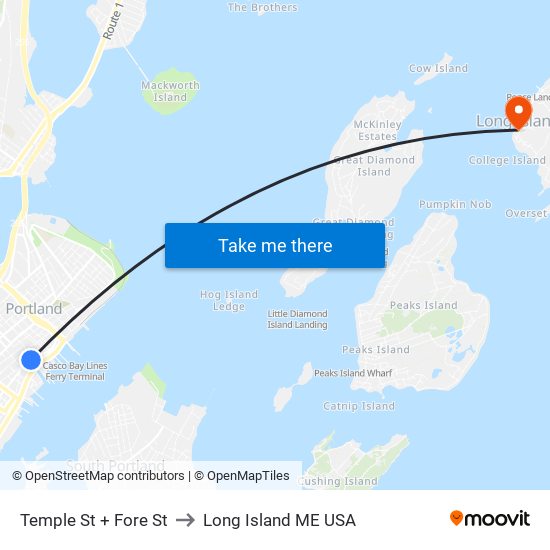 Temple St + Fore St to Long Island ME USA map