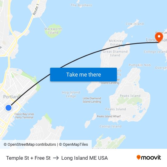 Temple St + Free St to Long Island ME USA map